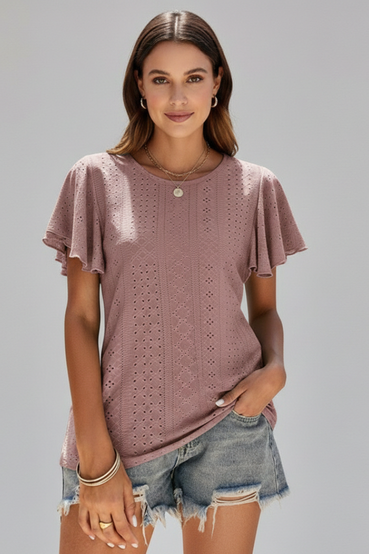 Birgit | Women's T-Shirt with Round Neckline and Ruffle Sleeves