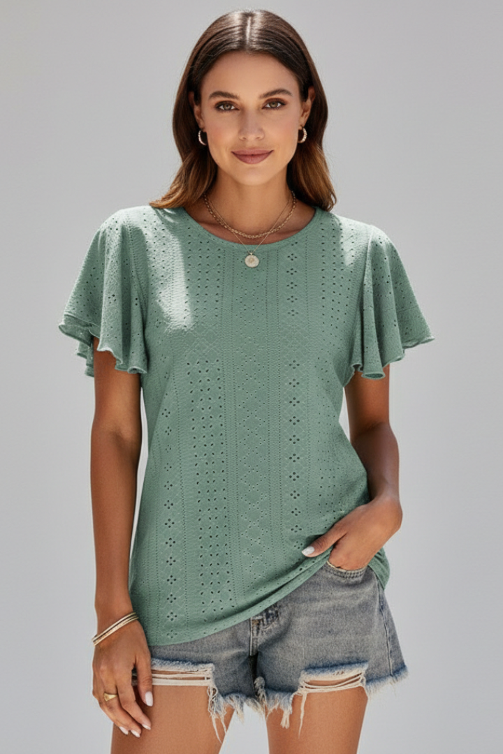 Birgit | Women's T-Shirt with Round Neckline and Ruffle Sleeves