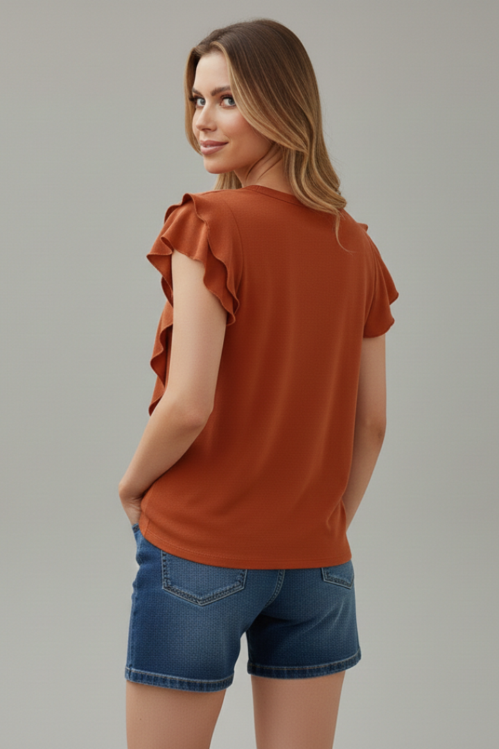 Birgit | Women's T-Shirt with Round Neckline and Ruffle Sleeves