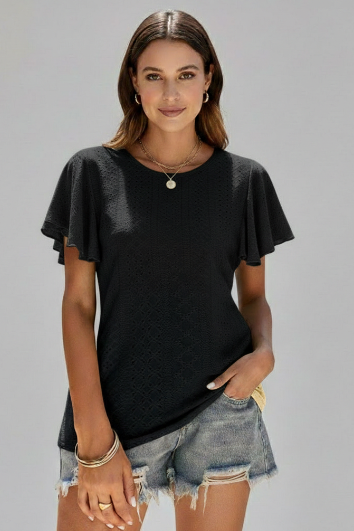 Birgit | Women's T-Shirt with Round Neckline and Ruffle Sleeves