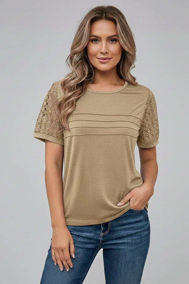 Columbine | Women's T-Shirt with Round Neckline and Textured Sleeves
