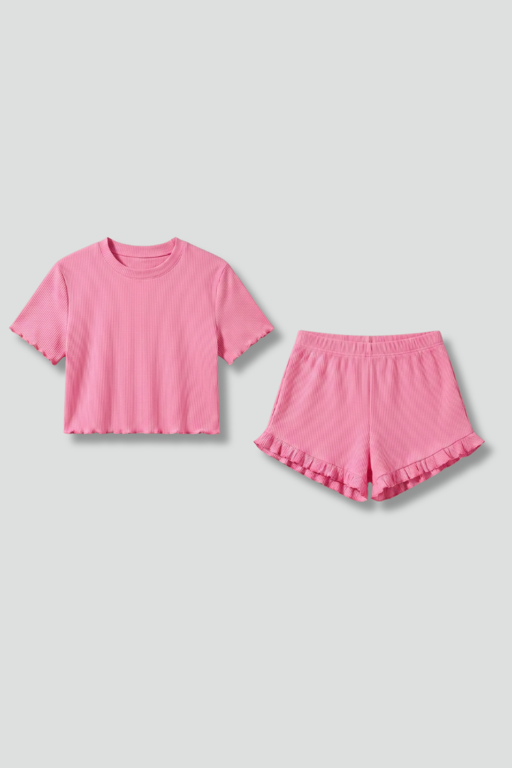 Haven | Women's Top and Shorts Set with Round Neck and Ruffle Hem