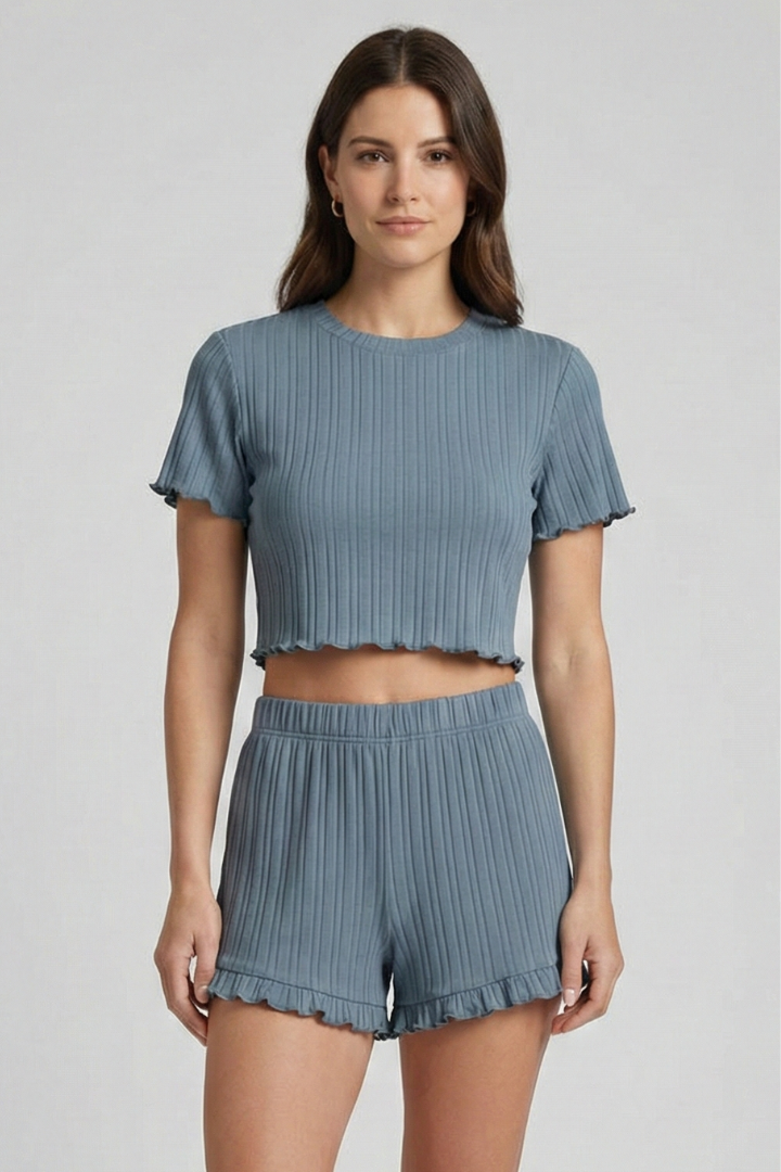 Haven | Women's Top and Shorts Set with Round Neck and Ruffle Hem