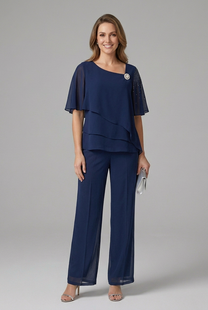 Dora | Women's Top and Trousers Set with Layered Top and Straight Legs
