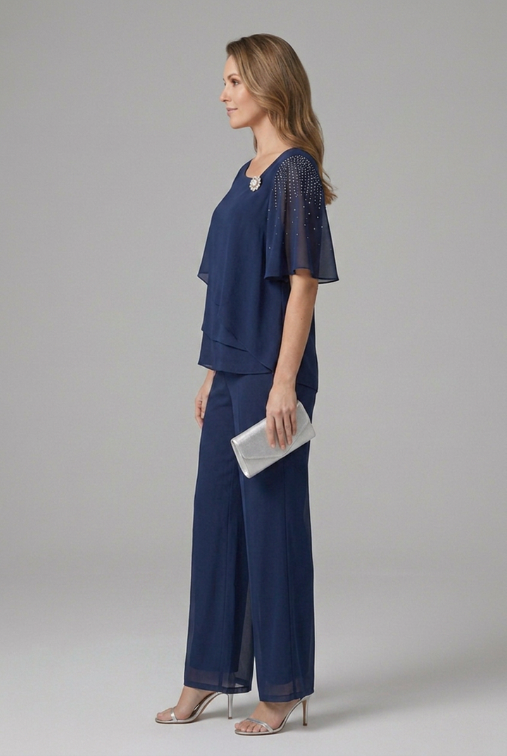 Dora | Women's Top and Trousers Set with Layered Top and Straight Legs