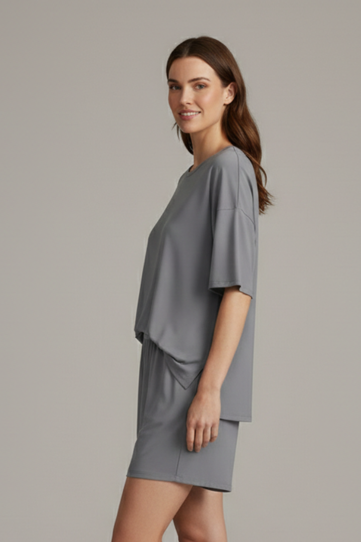 Jehanne | Women's Two-Piece Set with Crew Neck Top and Loose Shorts