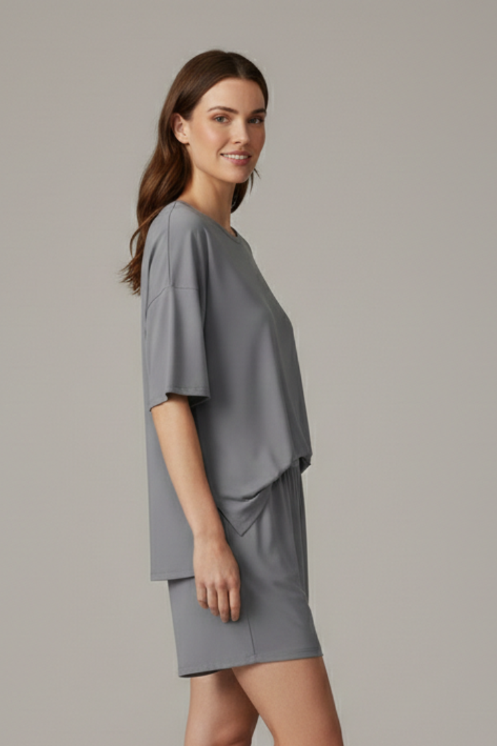 Jehanne | Women's Two-Piece Set with Crew Neck Top and Loose Shorts