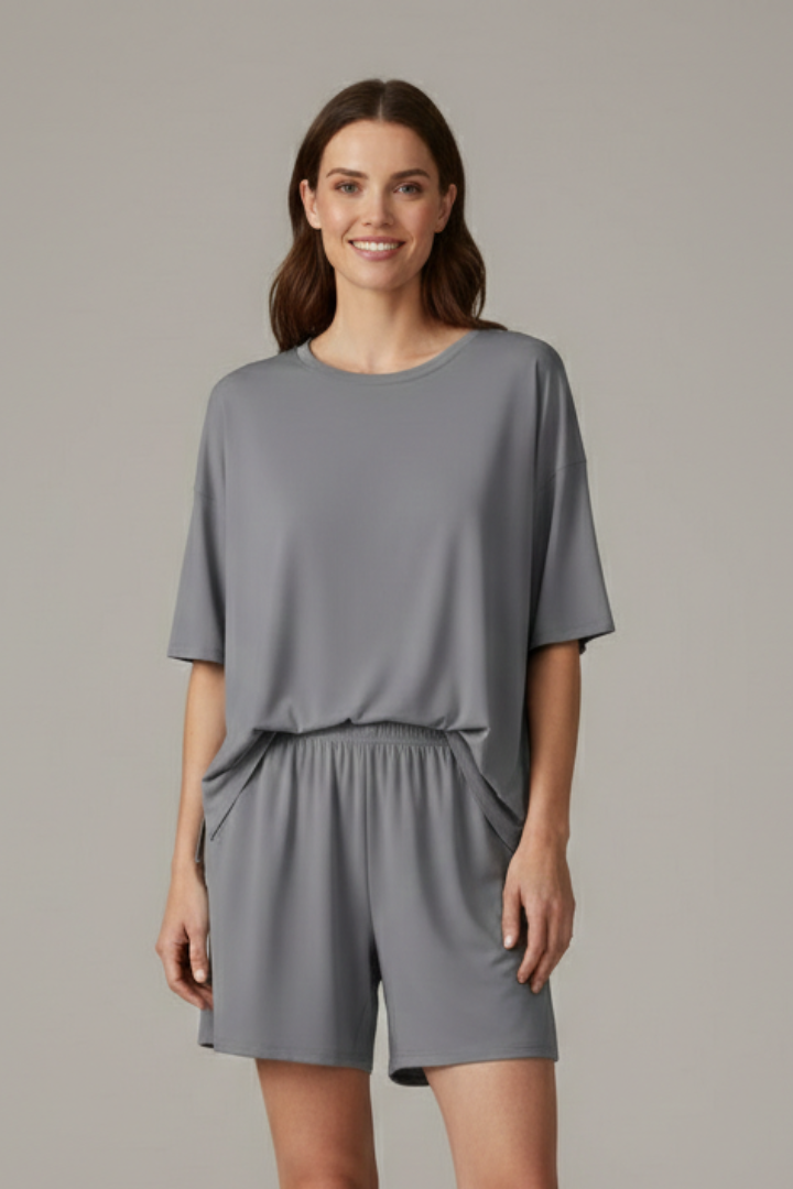 Jehanne | Women's Two-Piece Set with Crew Neck Top and Loose Shorts