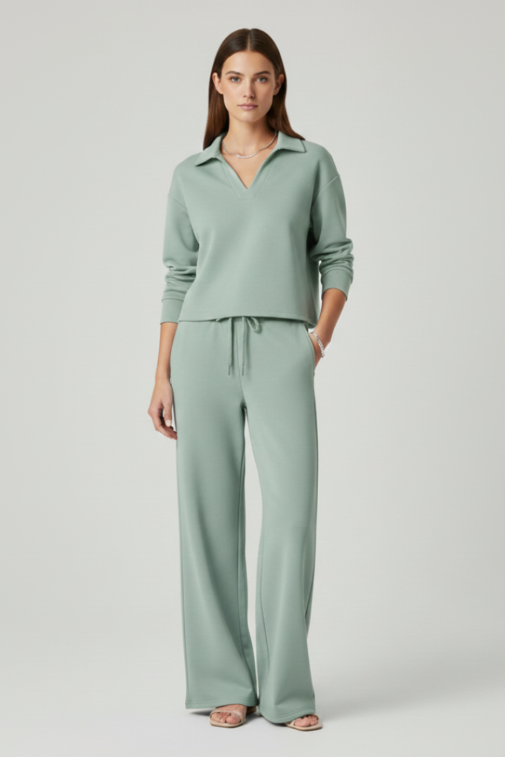 Ariadne | Women's Two-Piece Set with V-Neck Top and Wide-Leg Pants