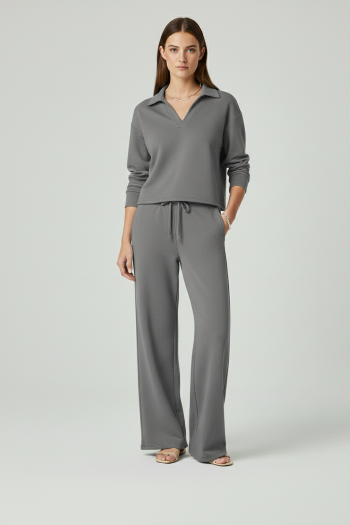 Ariadne | Women's Two-Piece Set with V-Neck Top and Wide-Leg Pants