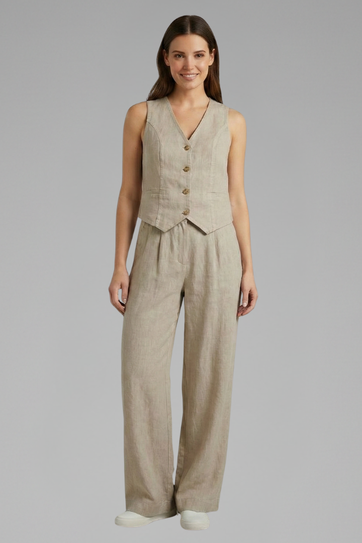 Dove | Women's Two-Piece Set with V-Neck Waistcoat and Wide Trousers
