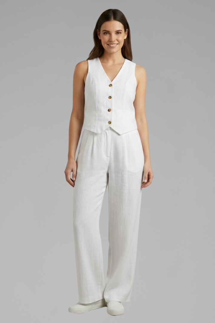 Dove | Women's Two-Piece Set with V-Neck Waistcoat and Wide Trousers