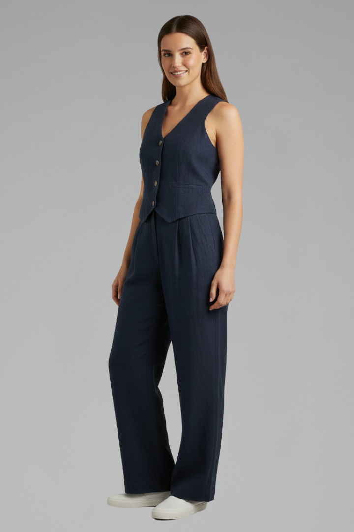 Dove | Women's Two-Piece Set with V-Neck Waistcoat and Wide Trousers