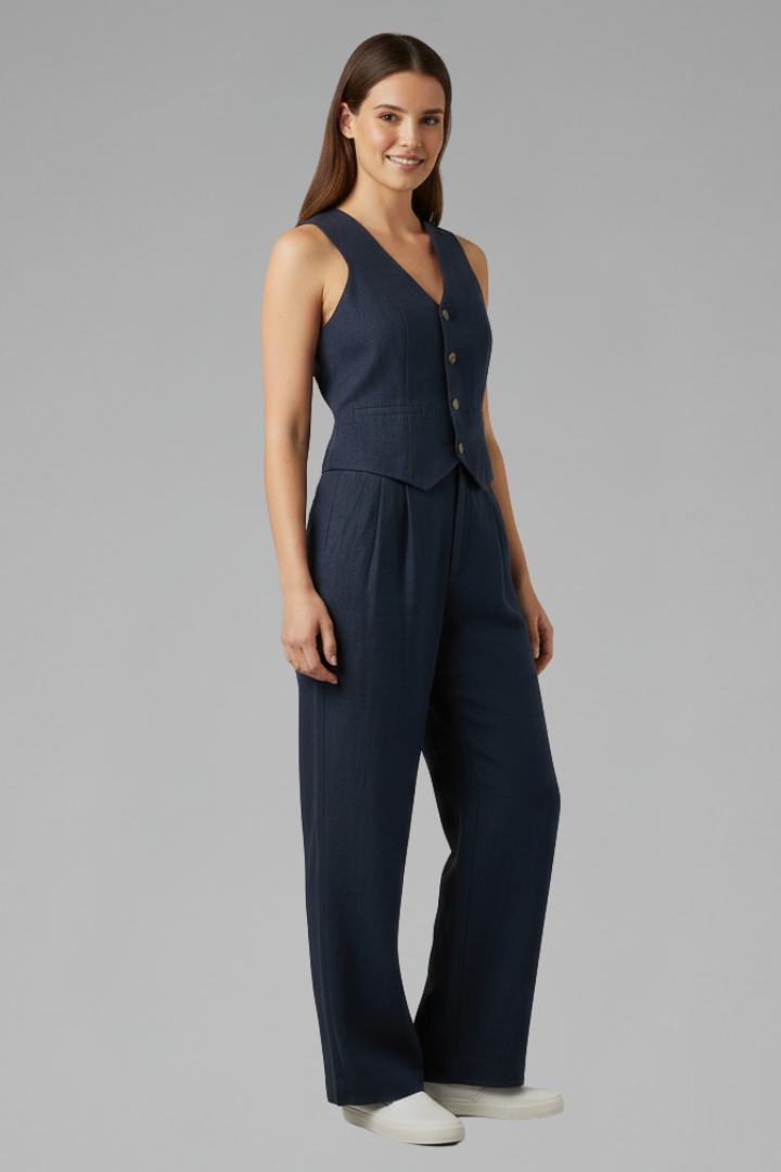 Dove | Women's Two-Piece Set with V-Neck Waistcoat and Wide Trousers
