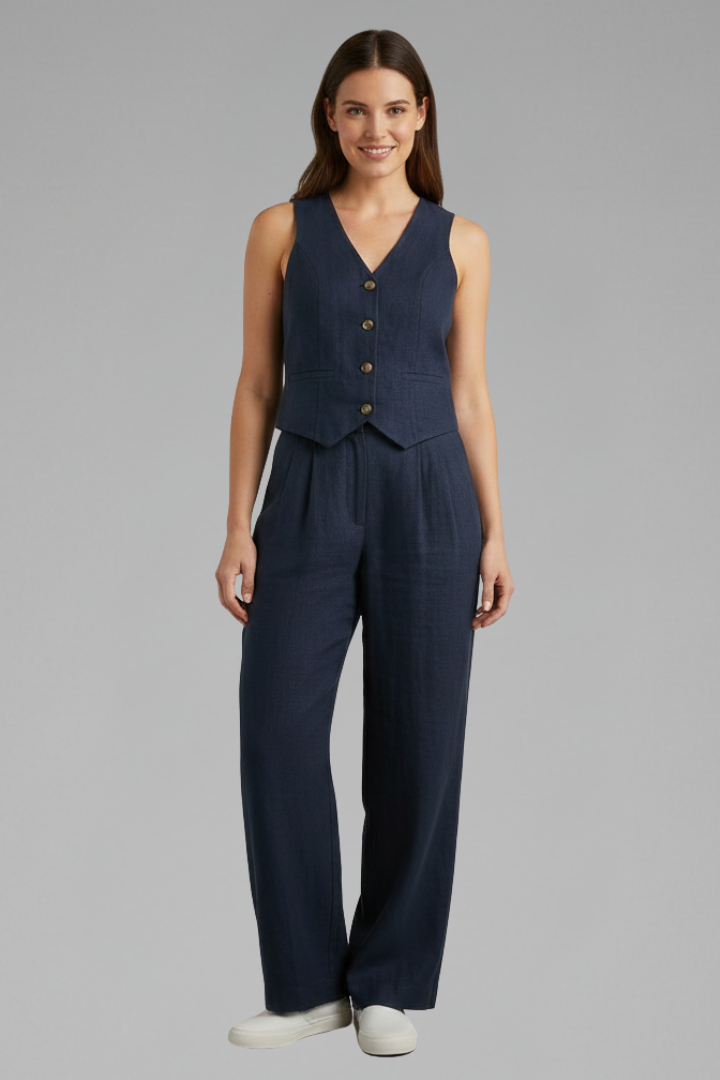 Dove | Women's Two-Piece Set with V-Neck Waistcoat and Wide Trousers