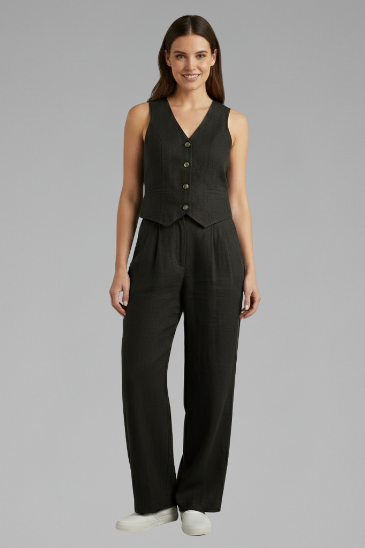 Dove | Women's Two-Piece Set with V-Neck Waistcoat and Wide Trousers