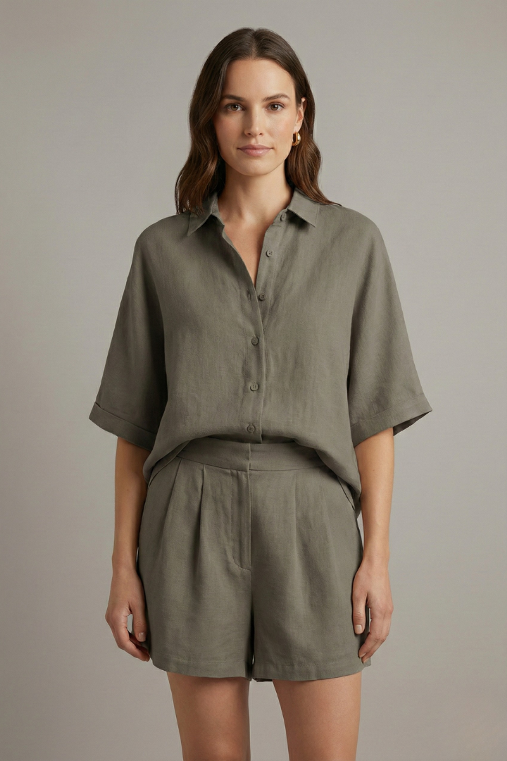Hadassah | Women's Two Piece Set with Collared Shirt and Shorts
