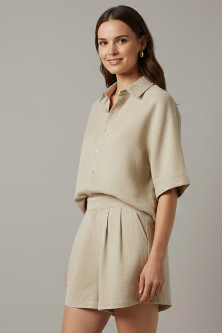 Hadassah | Women's Two Piece Set with Collared Shirt and Shorts