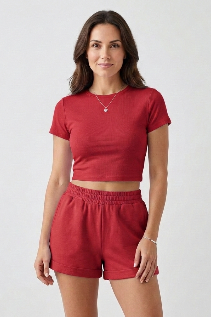 Joanna | Women's Two Piece Set with Short Sleeve Top and Elastic Waist Shorts