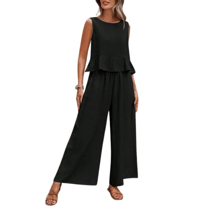 Perpetua | Women's Summer Ruffle Hem Sleeveless Top Wide Leg Pants Set