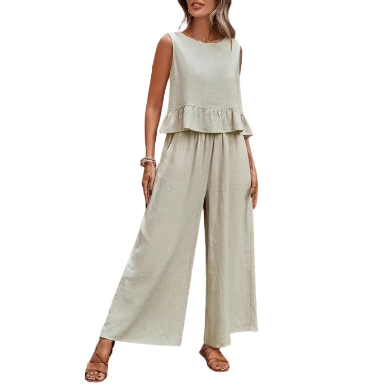 Perpetua | Women's Summer Ruffle Hem Sleeveless Top Wide Leg Pants Set
