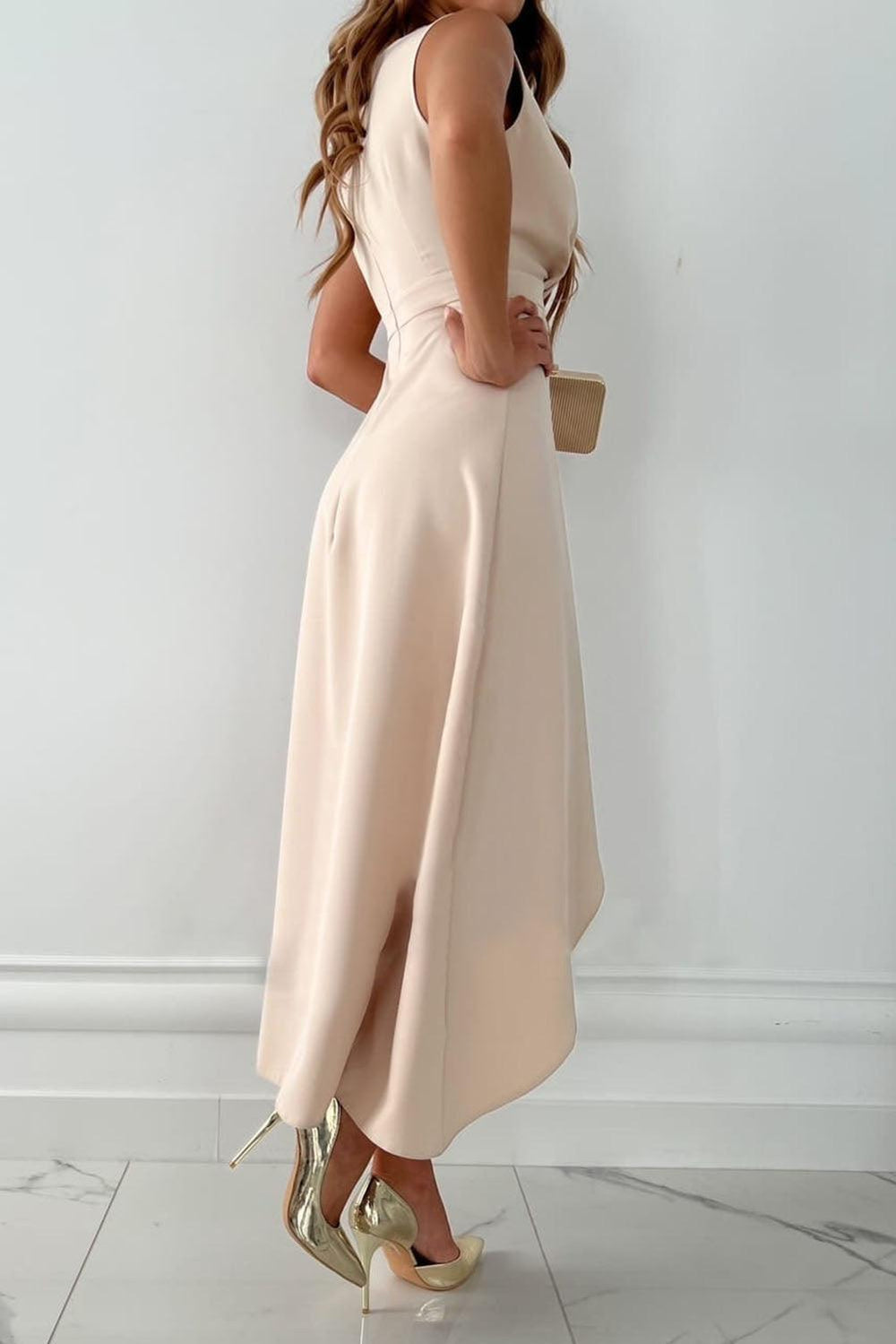 Harriet | Women's Elegant Beige V-Neck Wrap Midi Dress