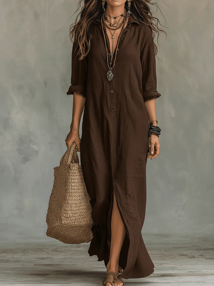 Nanette | Women's Cotton Shirt Maxi Dress with Front Slit