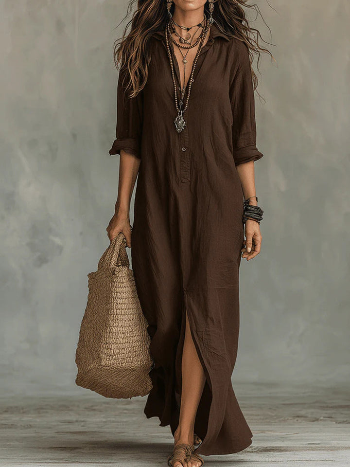 Nanette | Women's Cotton Shirt Maxi Dress with Front Slit