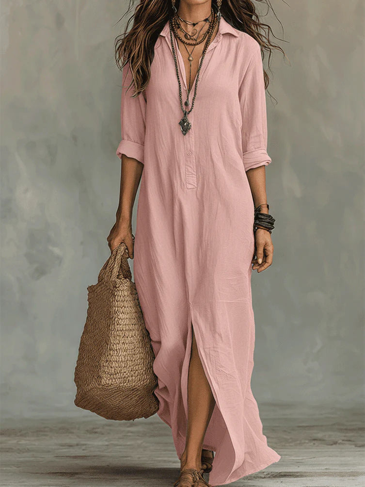 Nanette | Women's Cotton Shirt Maxi Dress with Front Slit