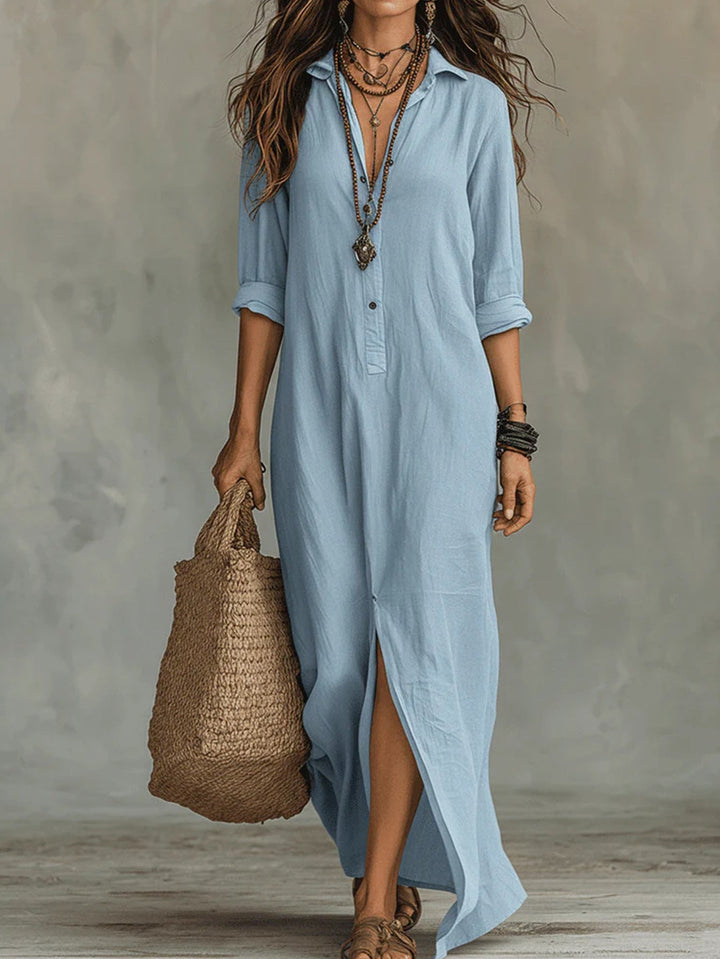 Nanette | Women's Cotton Shirt Maxi Dress with Front Slit