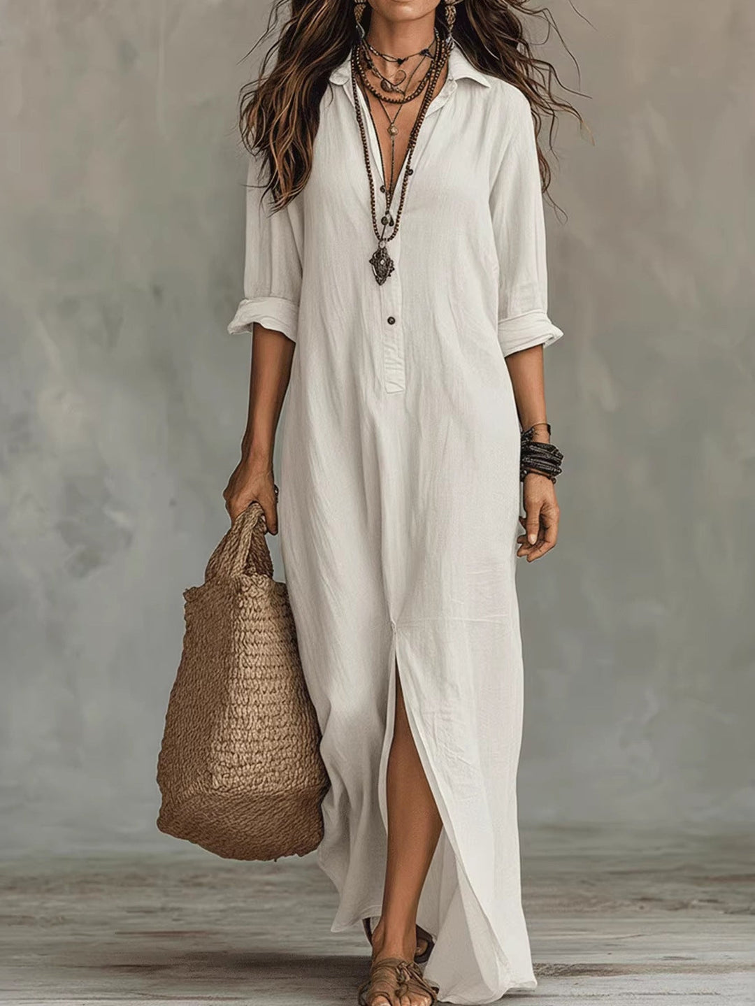 Nanette | Women's Cotton Shirt Maxi Dress with Front Slit