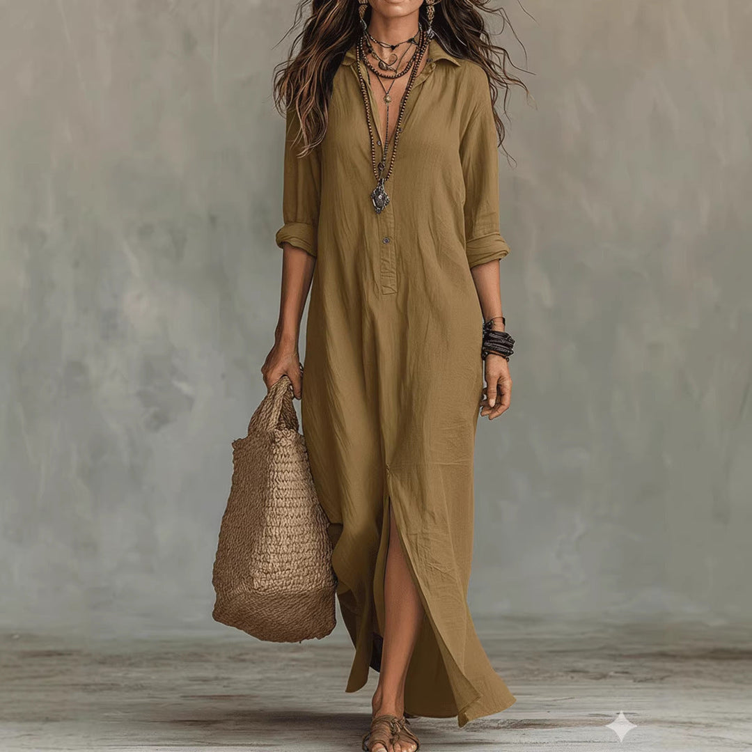 Nanette | Women's Cotton Shirt Maxi Dress with Front Slit