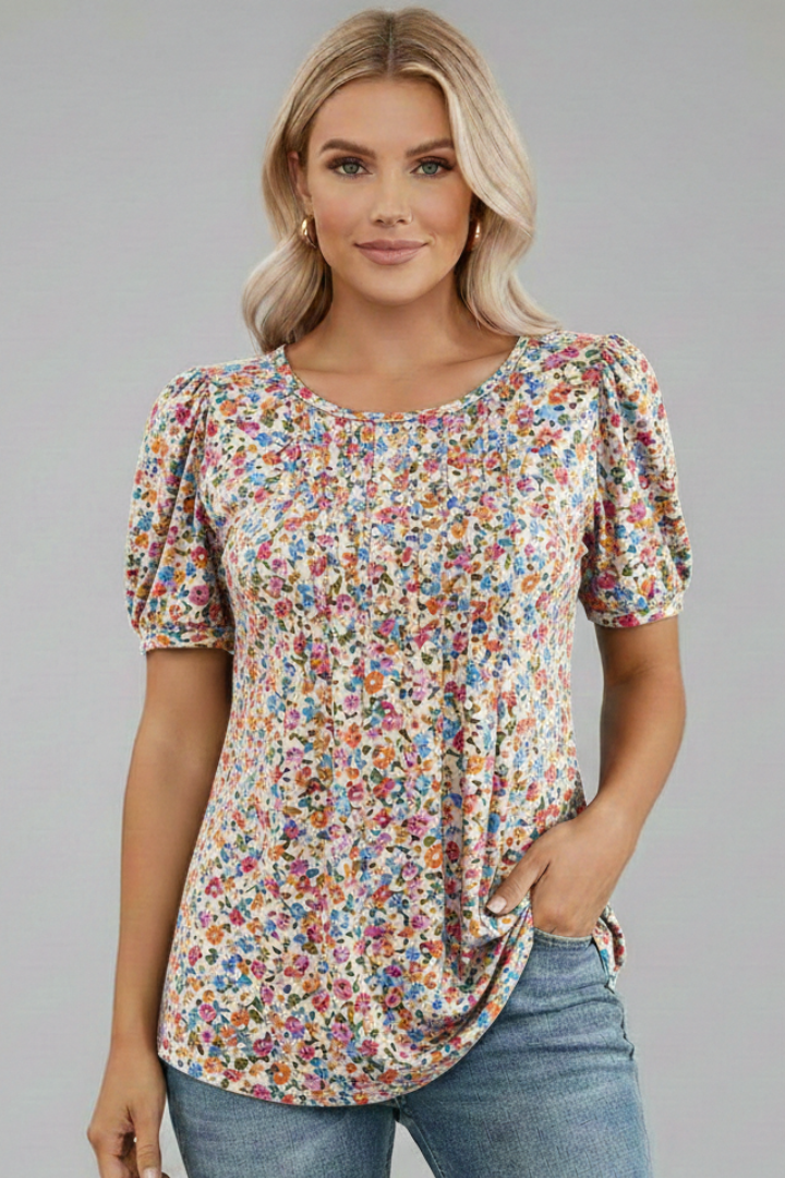 Clio | Women's round neck T-shirt with short puff sleeves