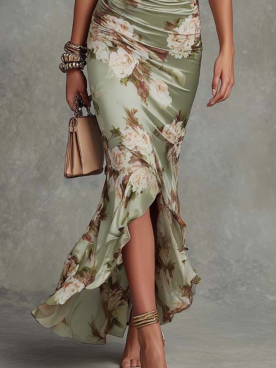 Palmira women's ruched floral maxi dress with v-neck and flared hem