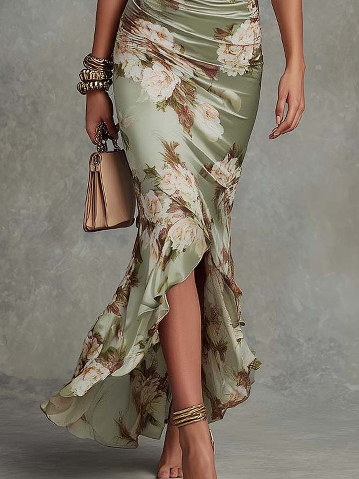 Palmira women's ruched floral maxi dress with v-neck and flared hem
