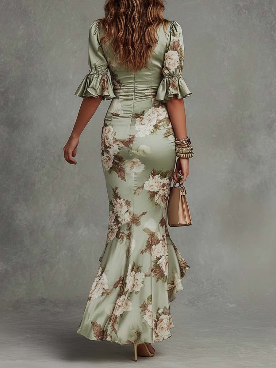 Palmira women's ruched floral maxi dress with v-neck and flared hem