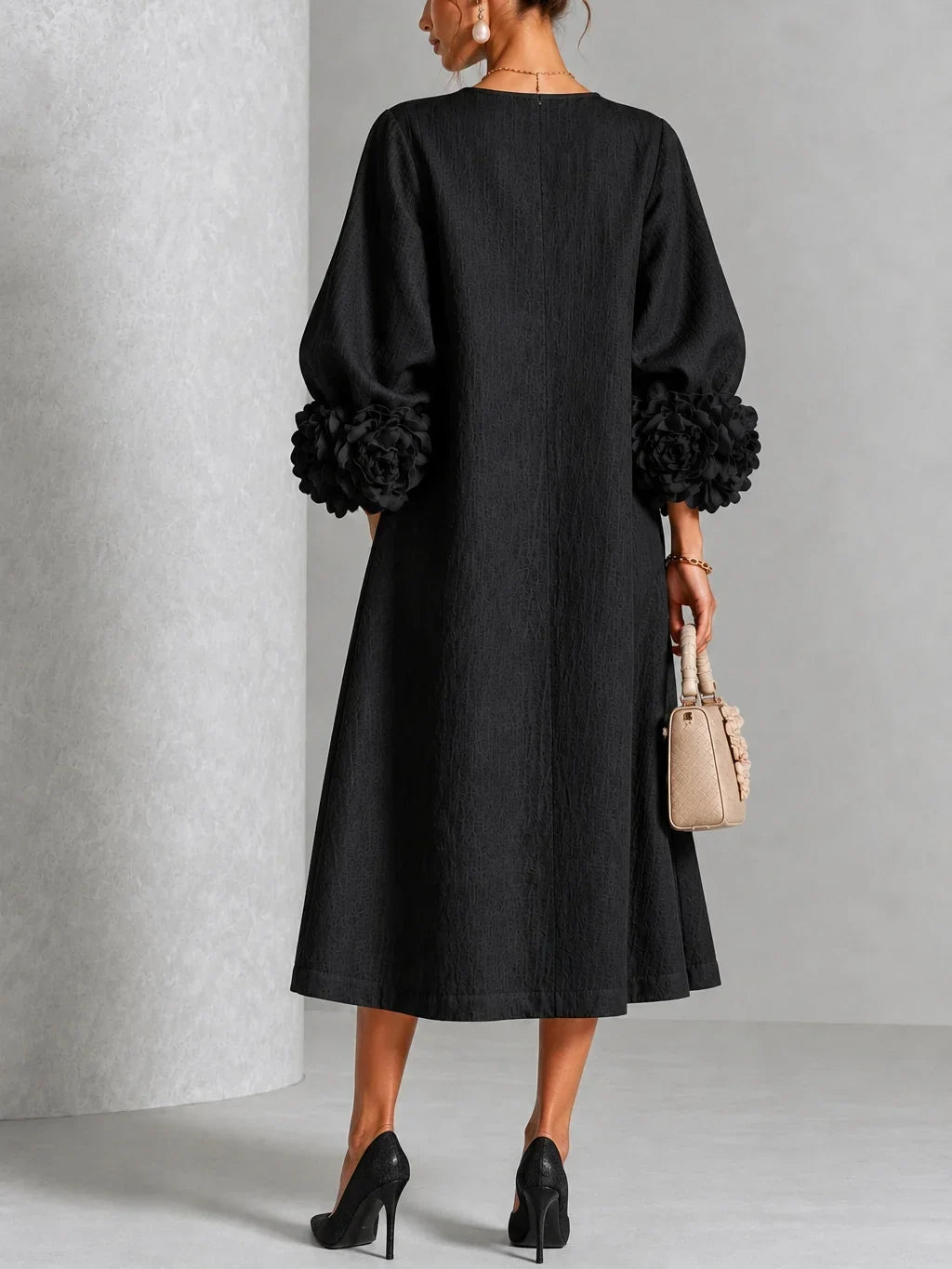 Fleurette | Women's Midi Dress with Round Neck and Puff Sleeves - image 5