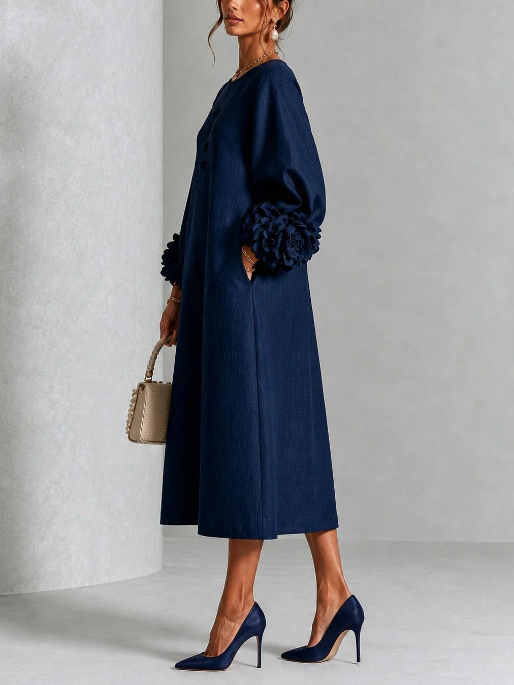 Fleurette | Women's Midi Dress with Round Neck and Puff Sleeves - image 10