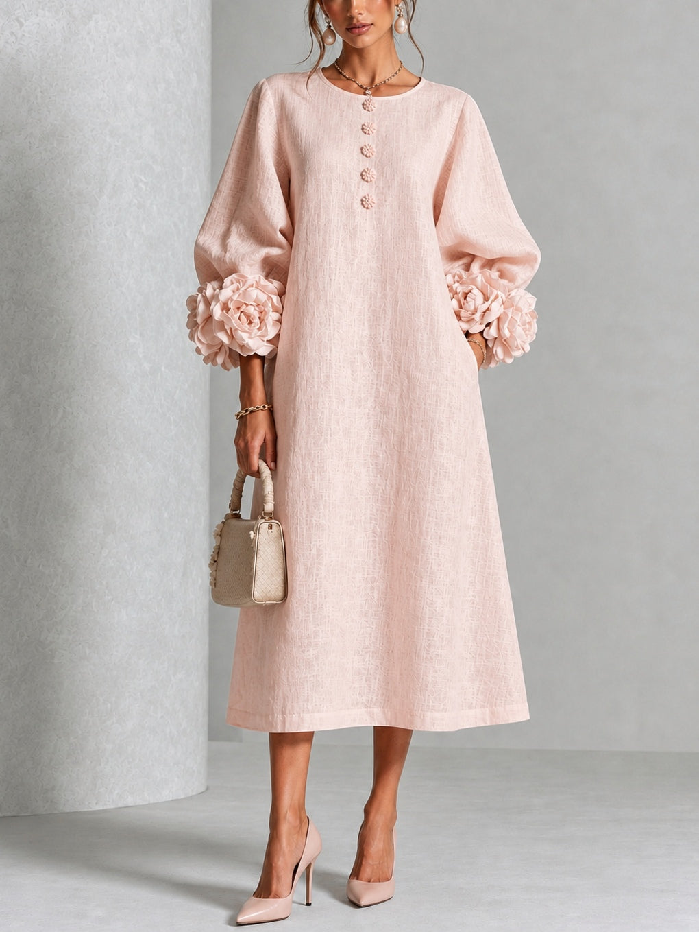 Fleurette | Women's Midi Dress with Round Neck and Puff Sleeves - image 1
