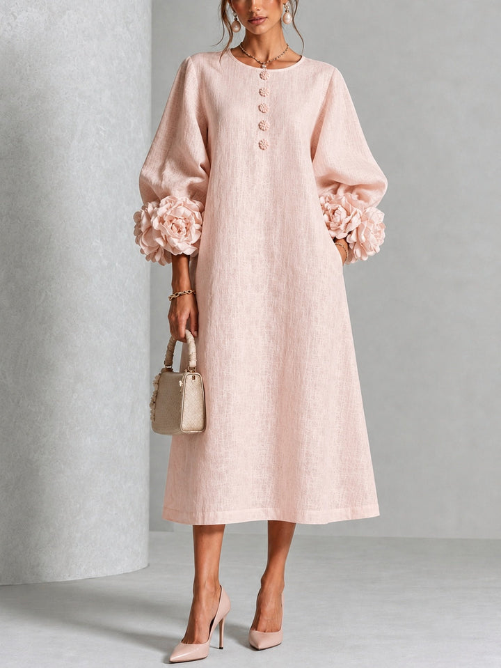 Fleurette | Women's Midi Dress with Round Neck and Puff Sleeves - image 1