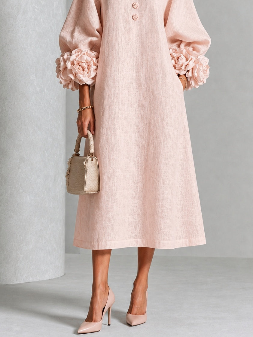 Fleurette | Women's Midi Dress with Round Neck and Puff Sleeves - image 3
