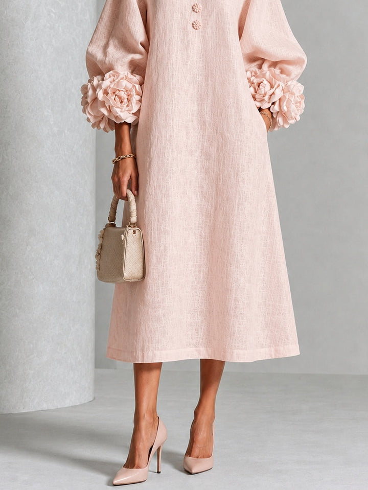 Fleurette | Women's Midi Dress with Round Neck and Puff Sleeves - image 3