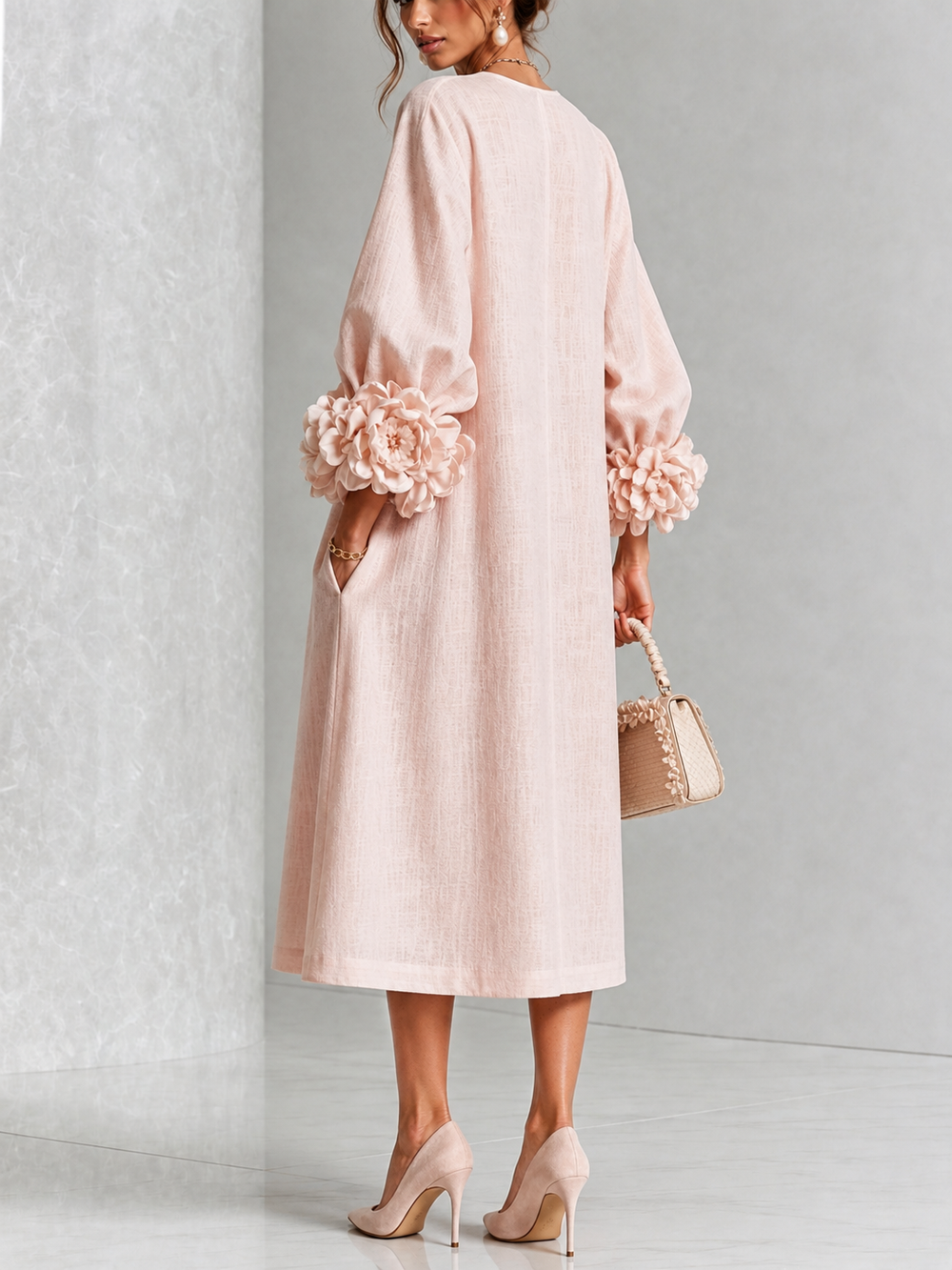 Fleurette | Women's Midi Dress with Round Neck and Puff Sleeves - image 2