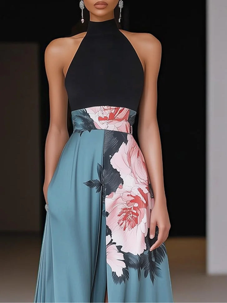 Berenice | Women's Floral Maxi Dress with Halter Neck, Sleeveless and Side Slit - image 2