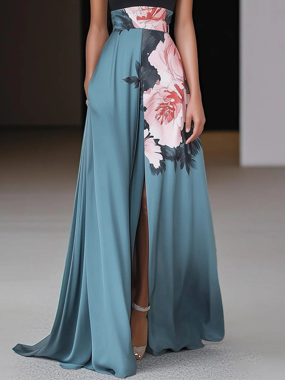 Berenice | Women's Floral Maxi Dress with Halter Neck, Sleeveless and Side Slit - image 3