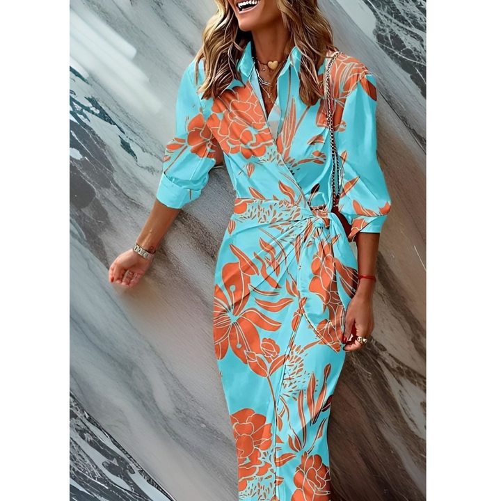 Battistina | Women's Striped Belted Maxi Dress with Shirt Collar and Wrap Front - image 6