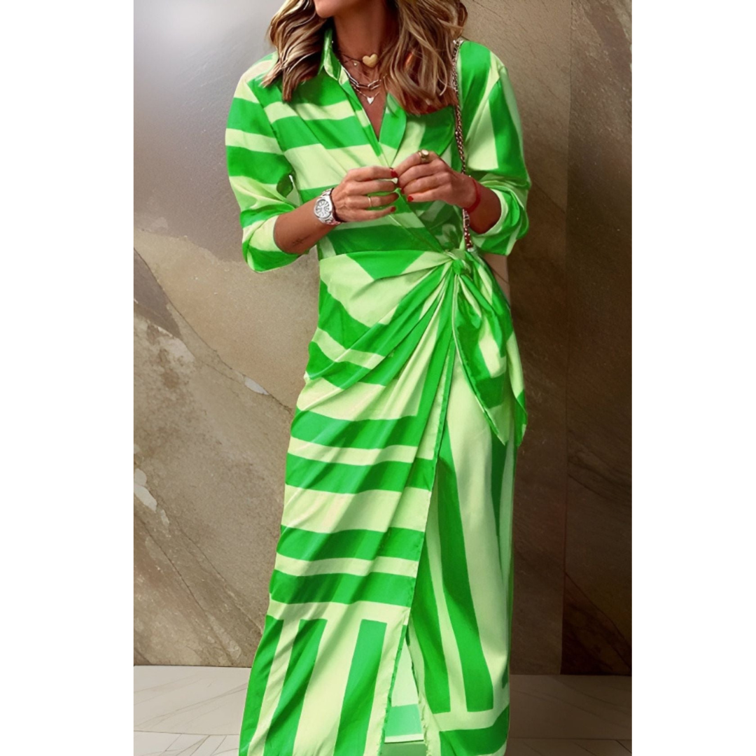 Battistina | Women's Striped Belted Maxi Dress with Shirt Collar and Wrap Front - image 5