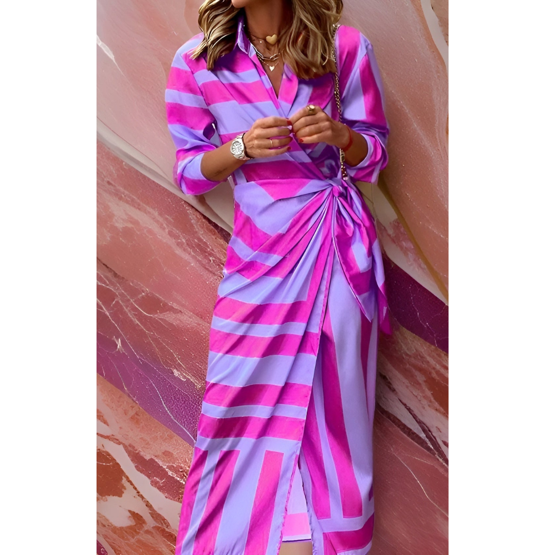 Battistina | Women's Striped Belted Maxi Dress with Shirt Collar and Wrap Front - image 7