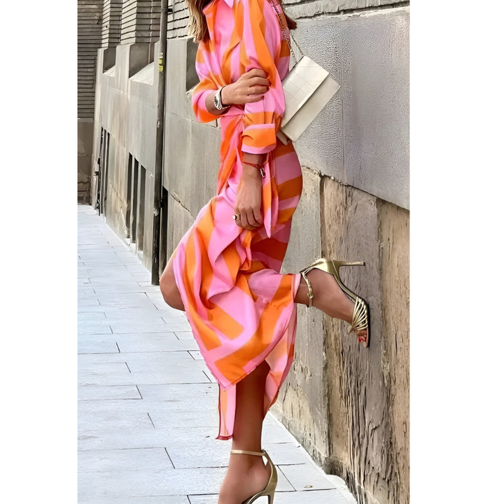 Battistina | Women's Striped Belted Maxi Dress with Shirt Collar and Wrap Front - image 3
