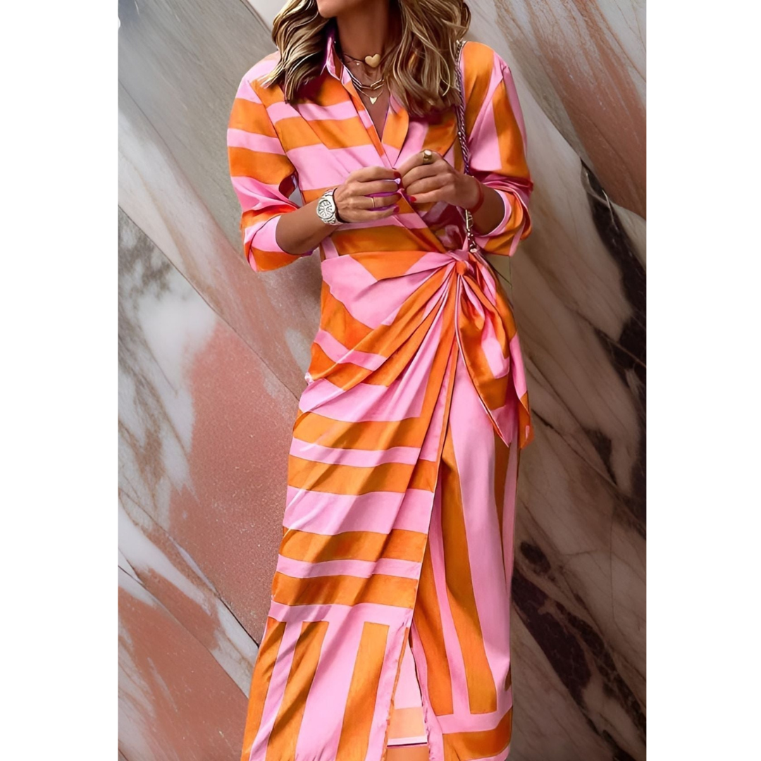 Battistina | Women's Striped Belted Maxi Dress with Shirt Collar and Wrap Front - image 1